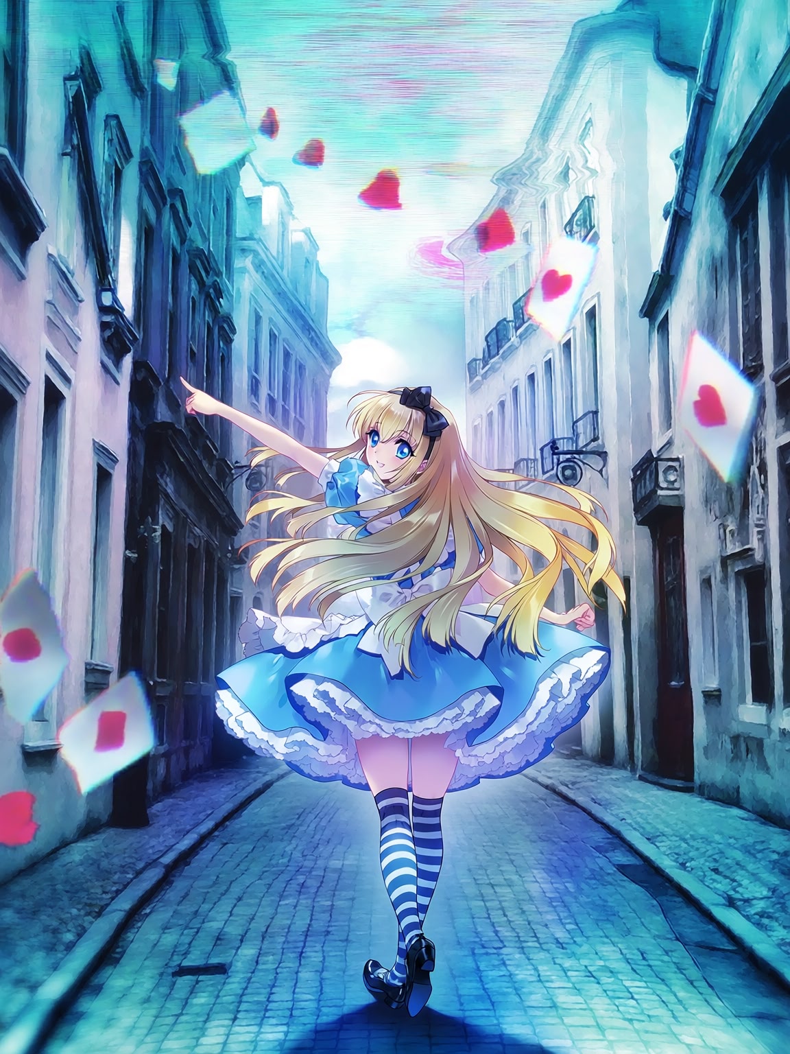 Alice twirling with heart playing cards