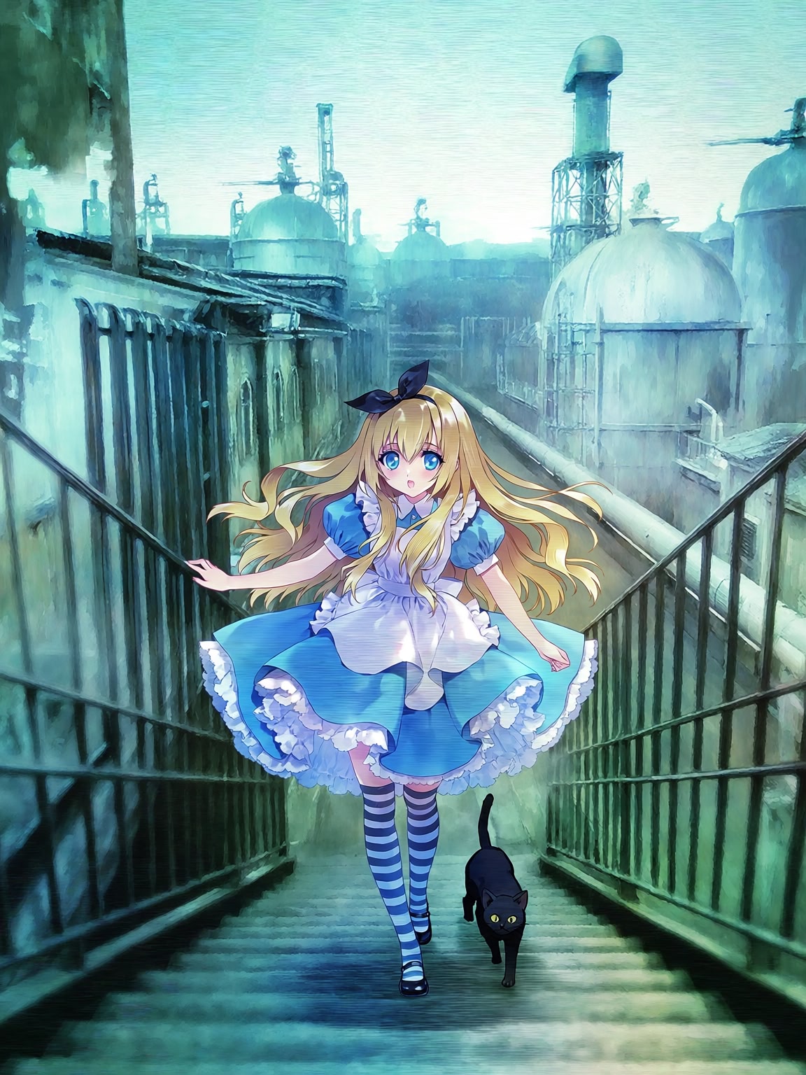 Alice descending the stairs with black cat