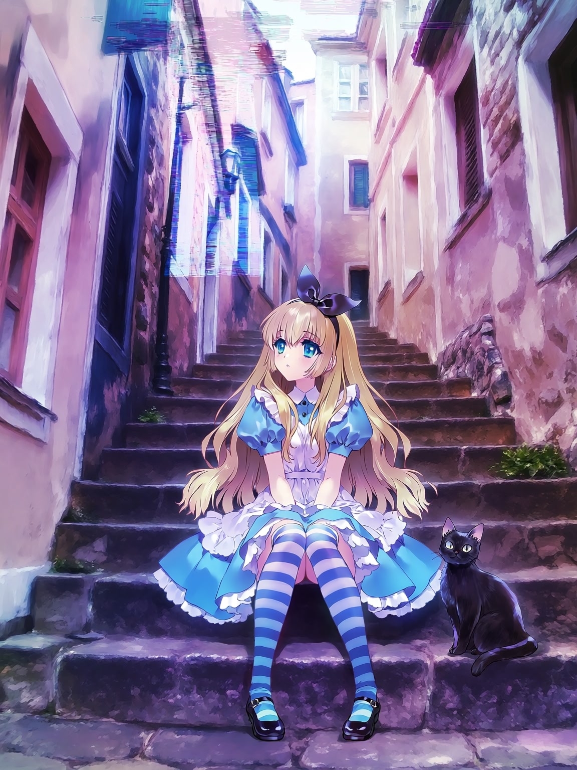 Alice sitting on cobblestone street stairs with black cat